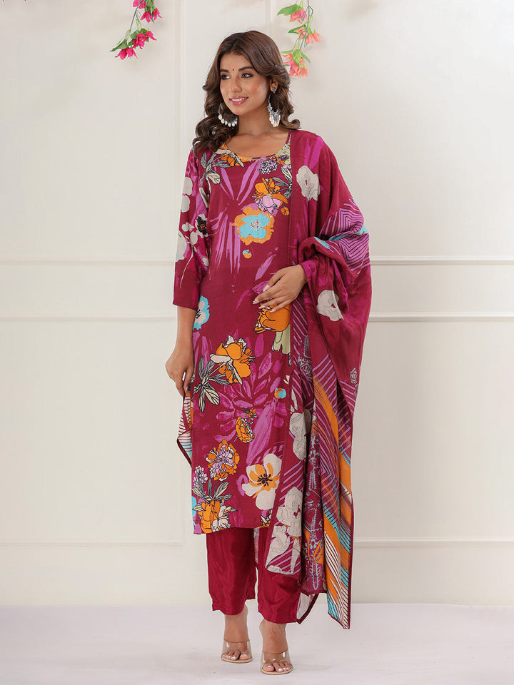 Magenta Digital Printed Muslin Straight Suit Set With Dupatta