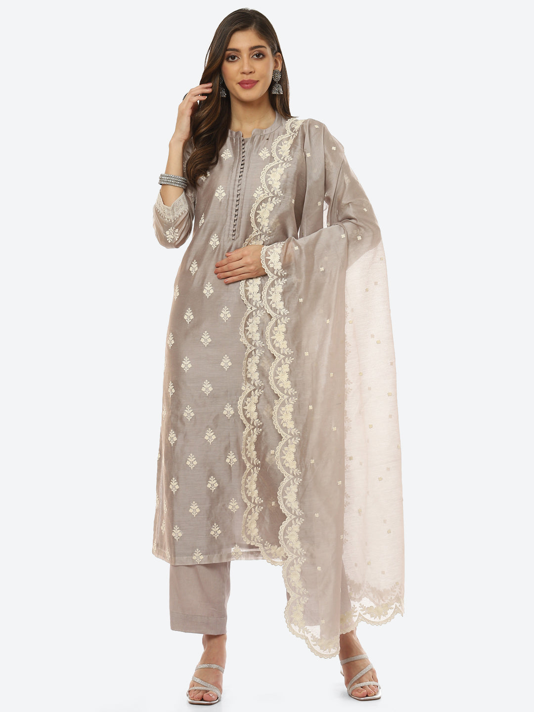Resham Booti Cotton Kurta With Pant &amp; Dupatta