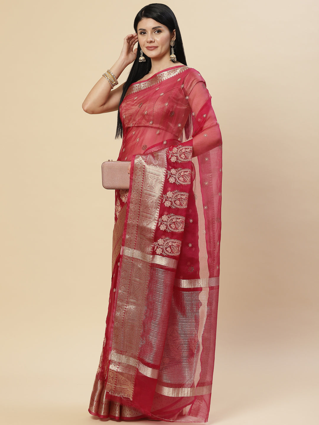 Embroidered Booti Organza Plain Saree