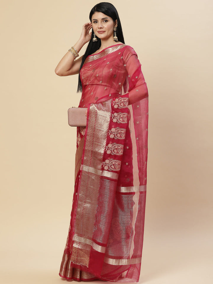 Embroidered Booti Organza Plain Saree