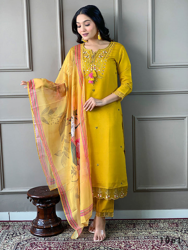 Resham Embroidery Cotton Blend Kurta With Pants &amp; Dupatta
