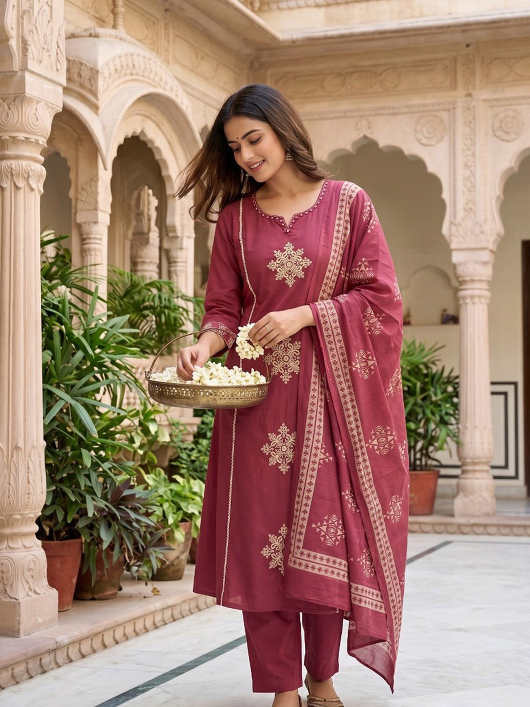 Neck Embroidered Cotton Blend Kurta With Pant &amp; Dupatta