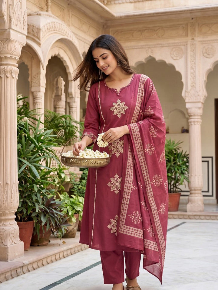 Neck Embroidered Cotton Blend Kurta With Pant &amp; Dupatta