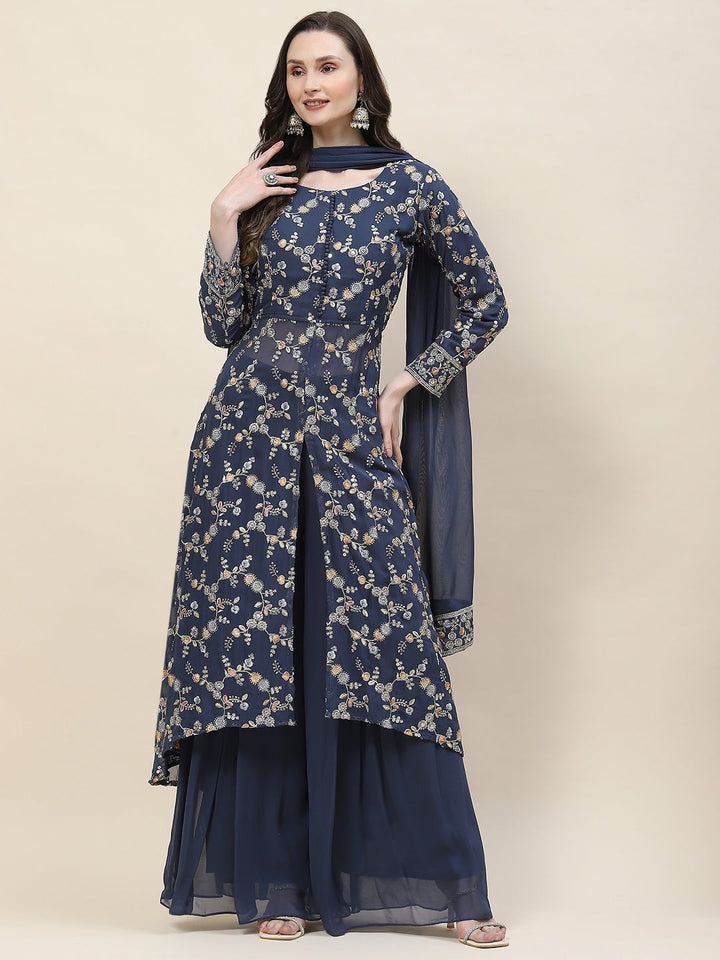 Resham Sequin Embroidery Georgette Kurta With Sharara &amp; Dupatta