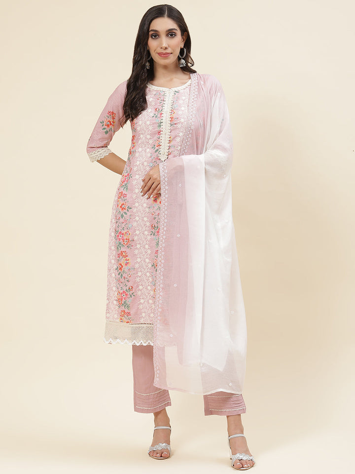 Floral Printed &amp; Embroidered Cotton Kurta With Pants &amp; Dupatta
