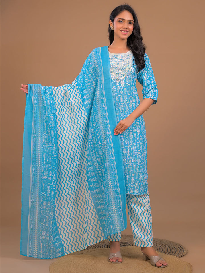 Printed Cotton Blend Kurta With Pants &amp; Dupatta
