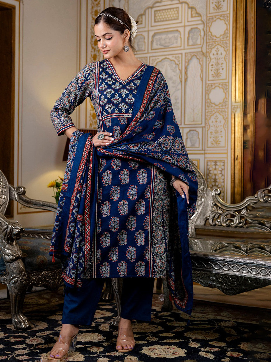 Printed Cotton Blend Kurta With Pant &amp; Dupatta