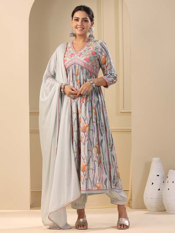 Printed Cotton Kurta With Pants &amp; Dupatta