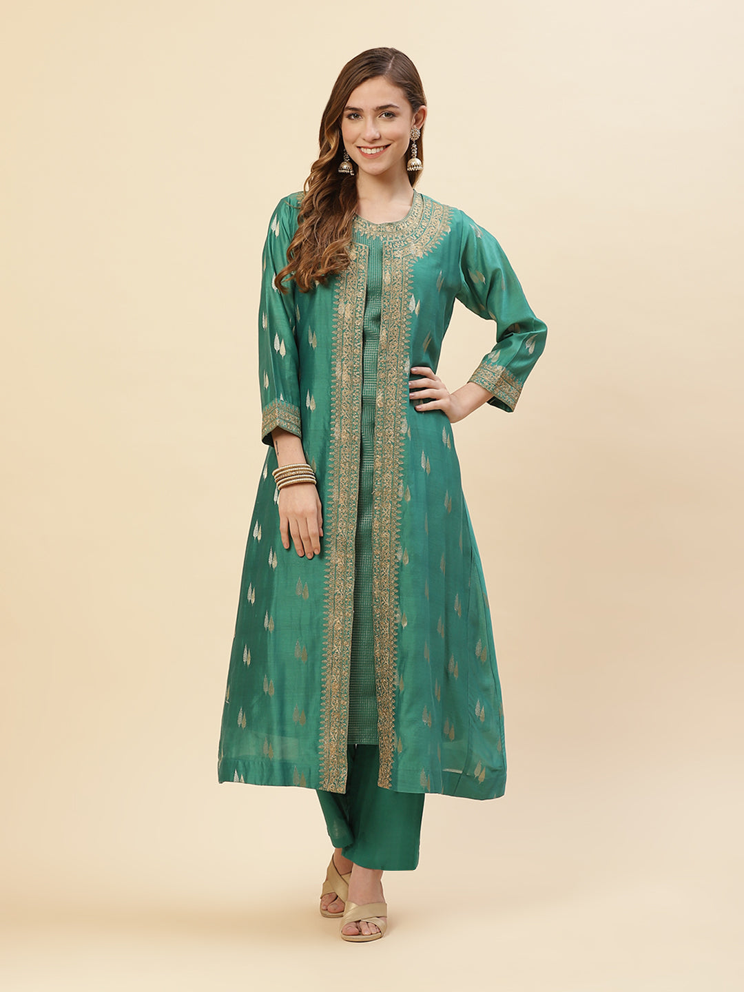 Embroidered Chanderi Kurti With Jacket And Pant