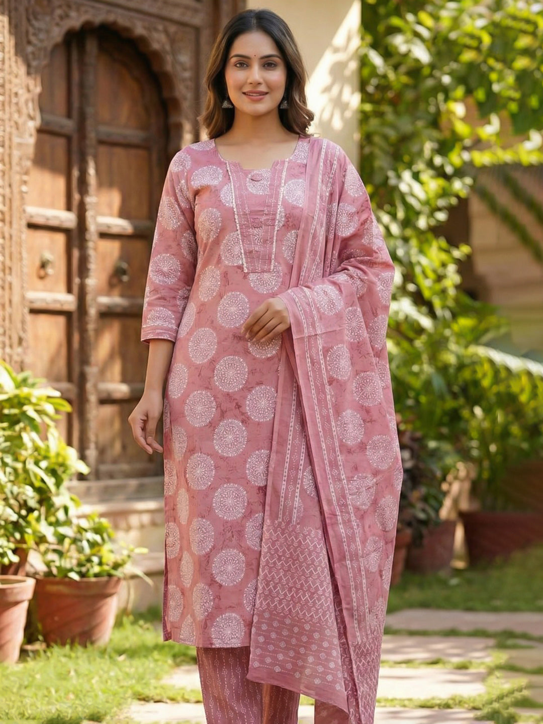 Printed Cotton Blend Kurta With Pant &amp; Dupatta