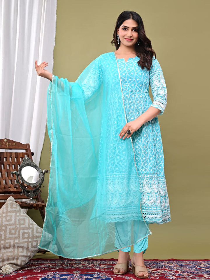 Embroidered Cotton Blend Kurta With Pant &amp; Dupatta