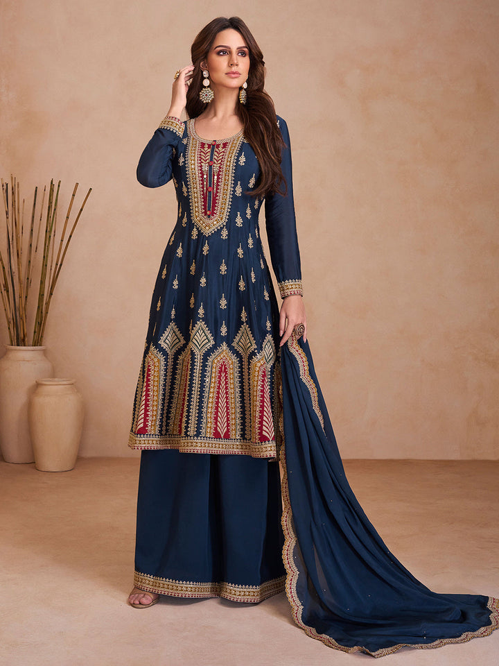 Embroidered Chinnon Kurta With Plazzo &amp; Dupatta