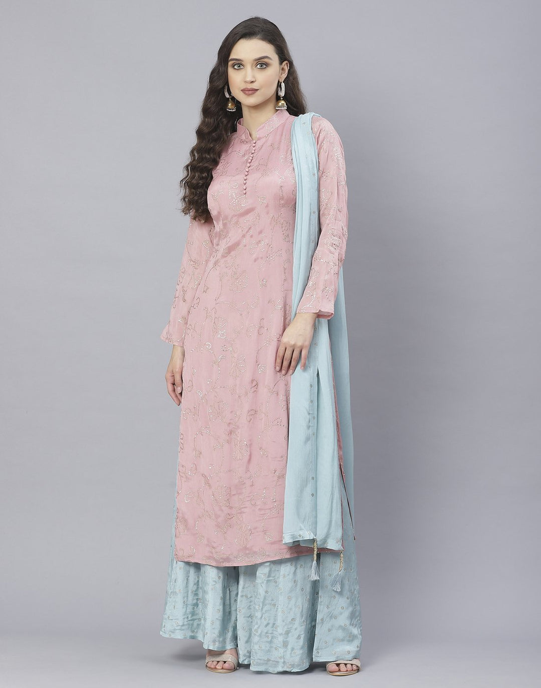 Aqua Blue and Pink Art Crepe Salwar Kameez