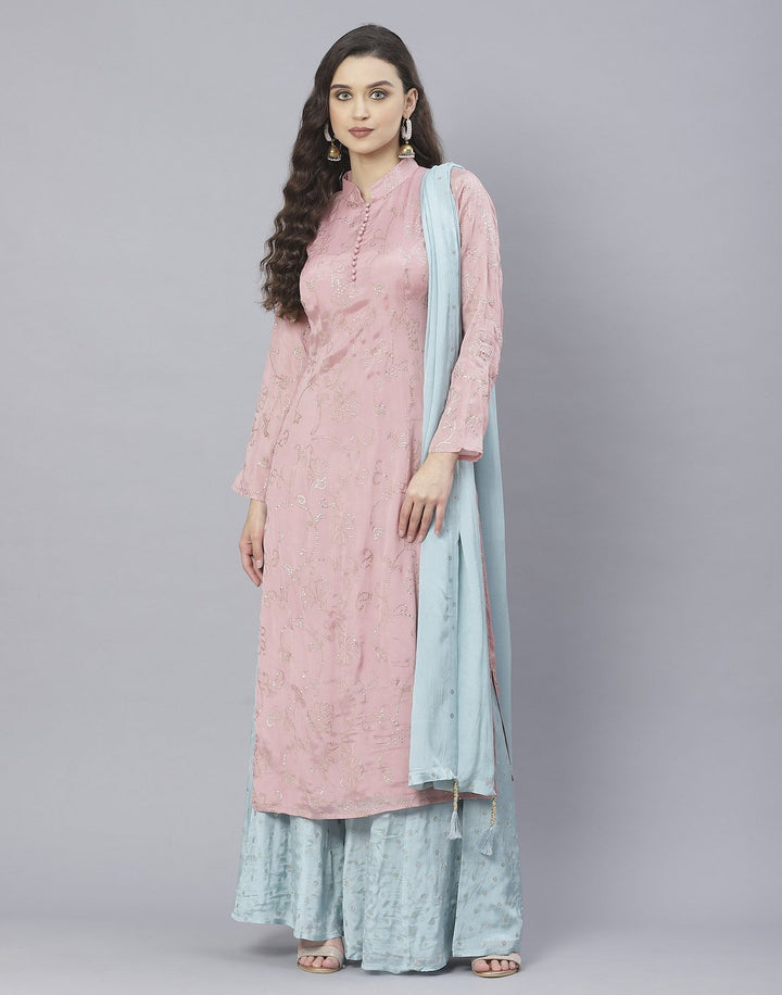 Aqua Blue and Pink Art Crepe Salwar Kameez