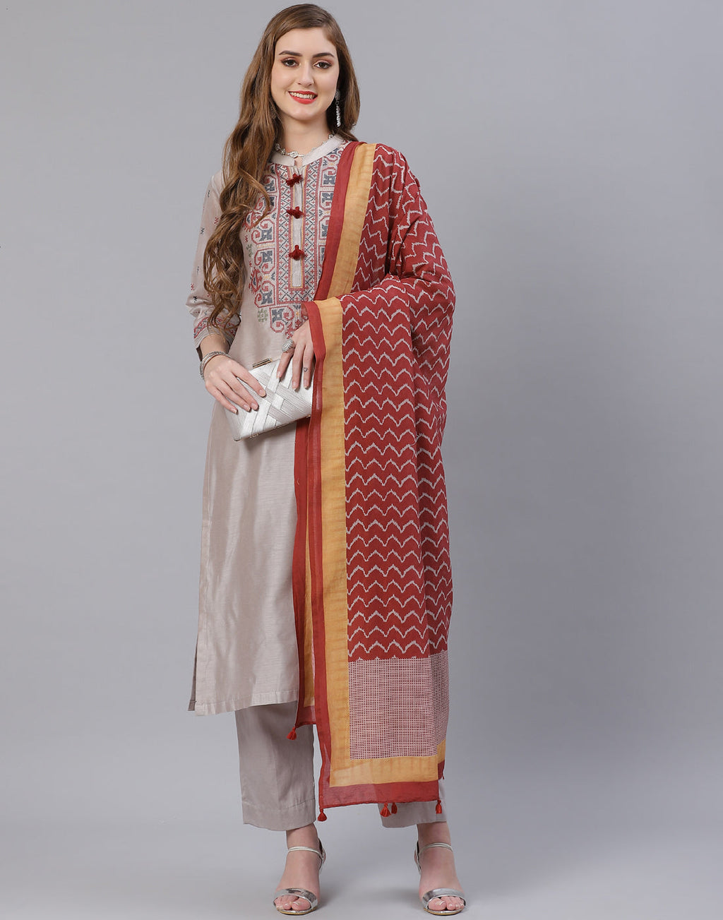 Embroidered Cotton Kurta With Pant & Chanderi Dupatta