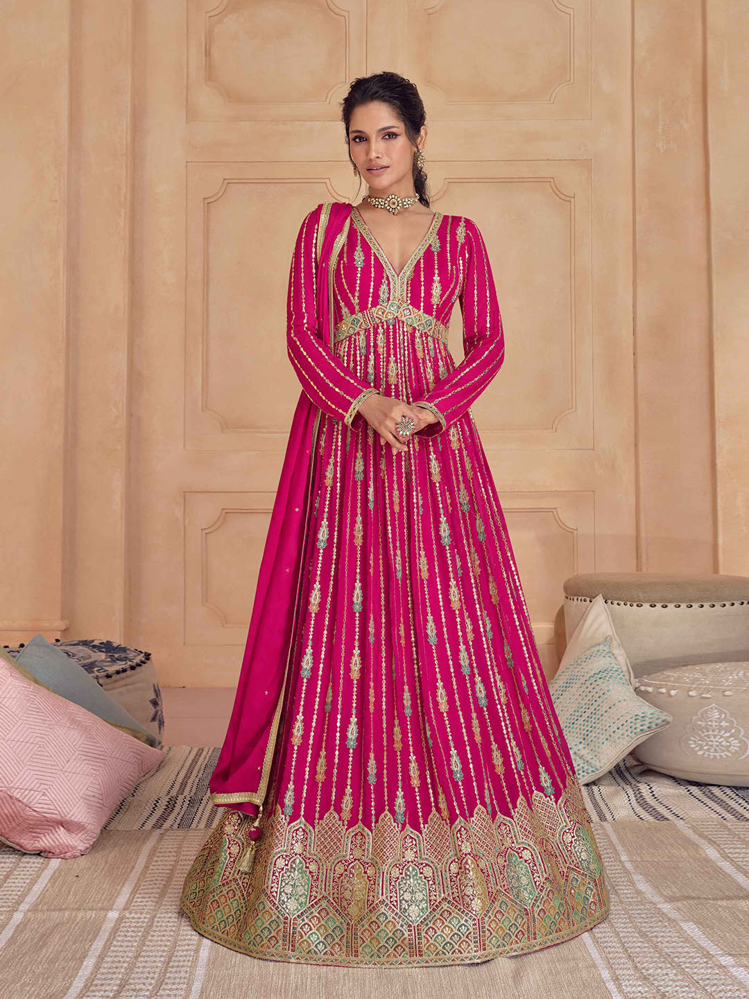 Resham Zari Beads Work V Neck Long Sleeve Georgette Gown