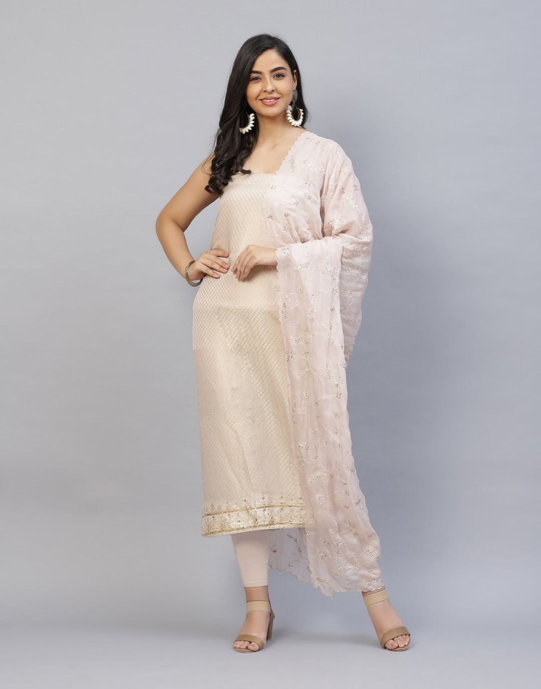 Printed Banarasi Suit Piece With Embroidered Organza Dupatta