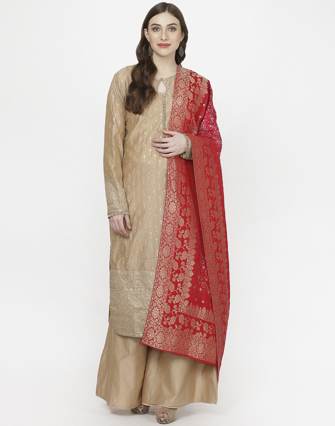 MBZ Meena Bazaar-Beige Red Cotton Chanderi Salwar Kameez