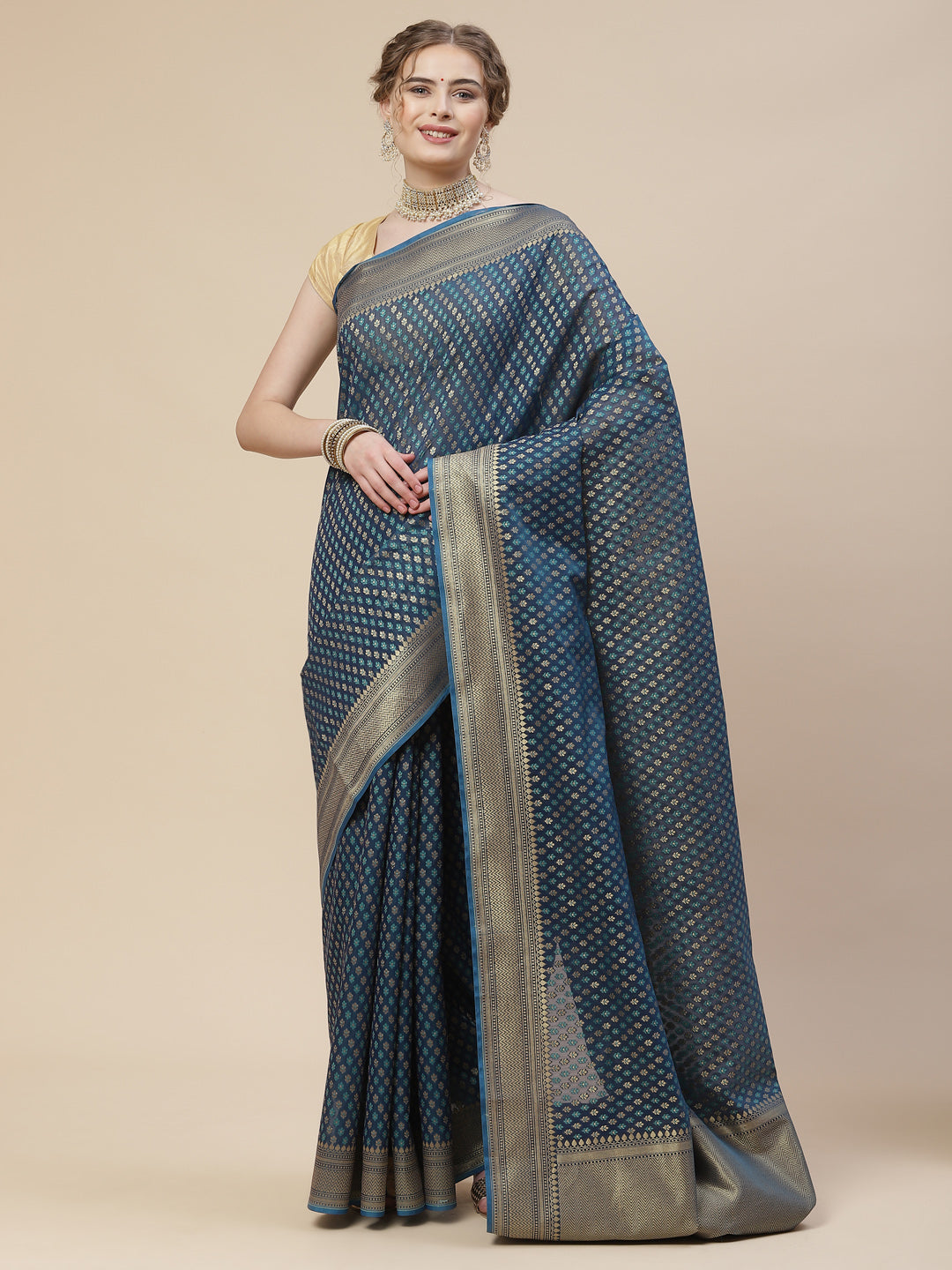 Zari Border Booti Cotton Woven Saree