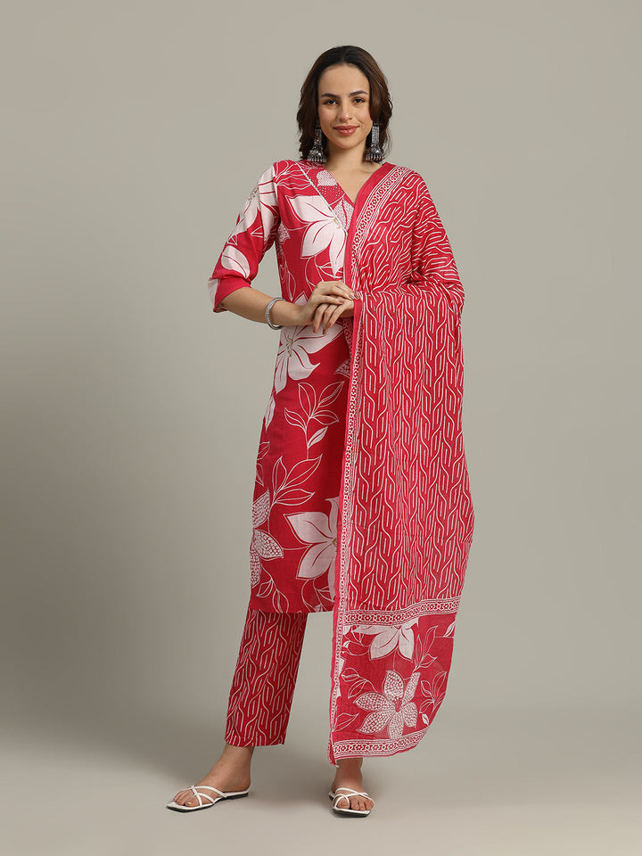 Floral Printed Cotton Blend Kurta With Pants &amp; Dupatta