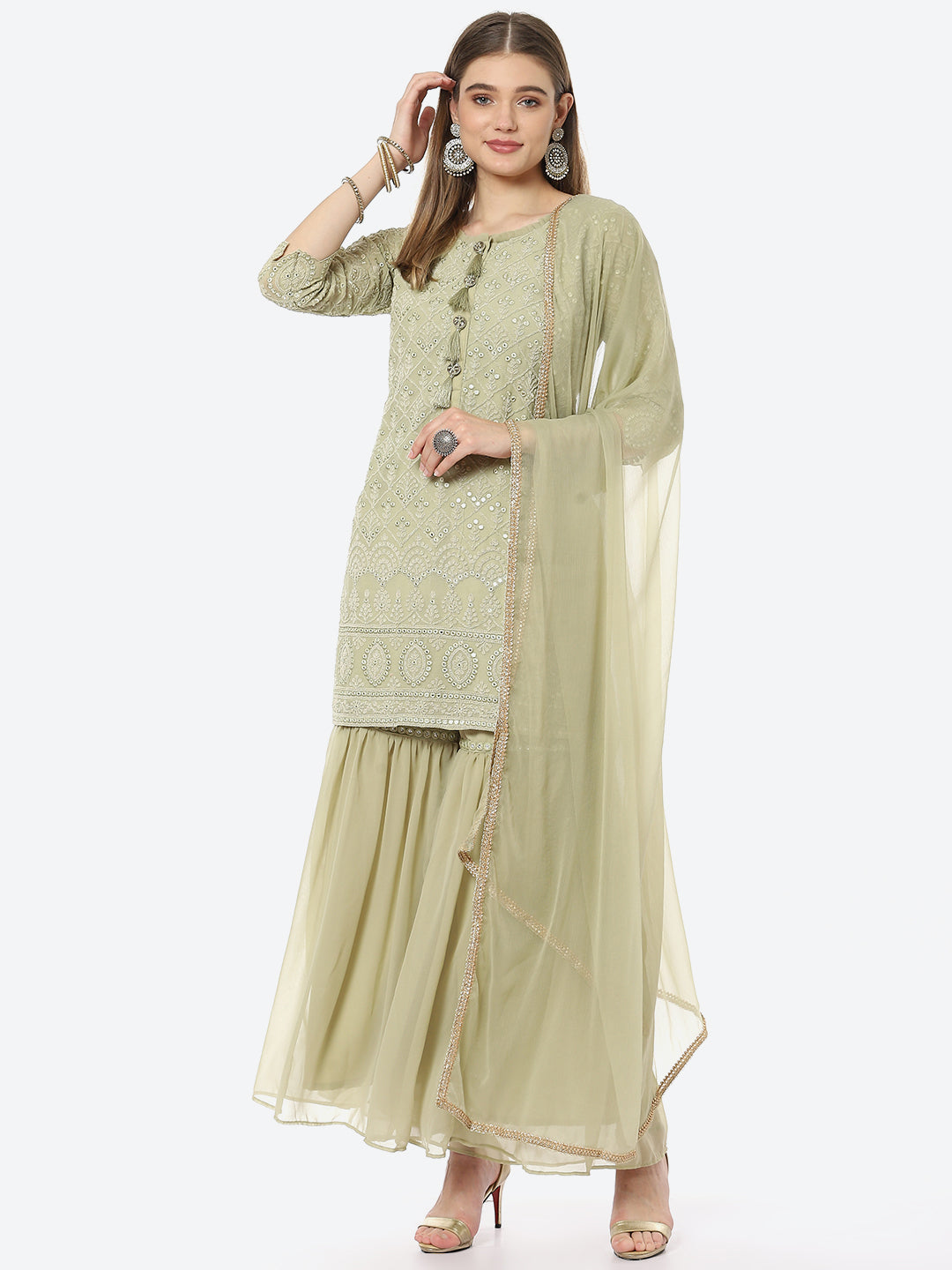 Resham Jaal Georgette Kurta With Garara &amp; Chiffon Dupatta