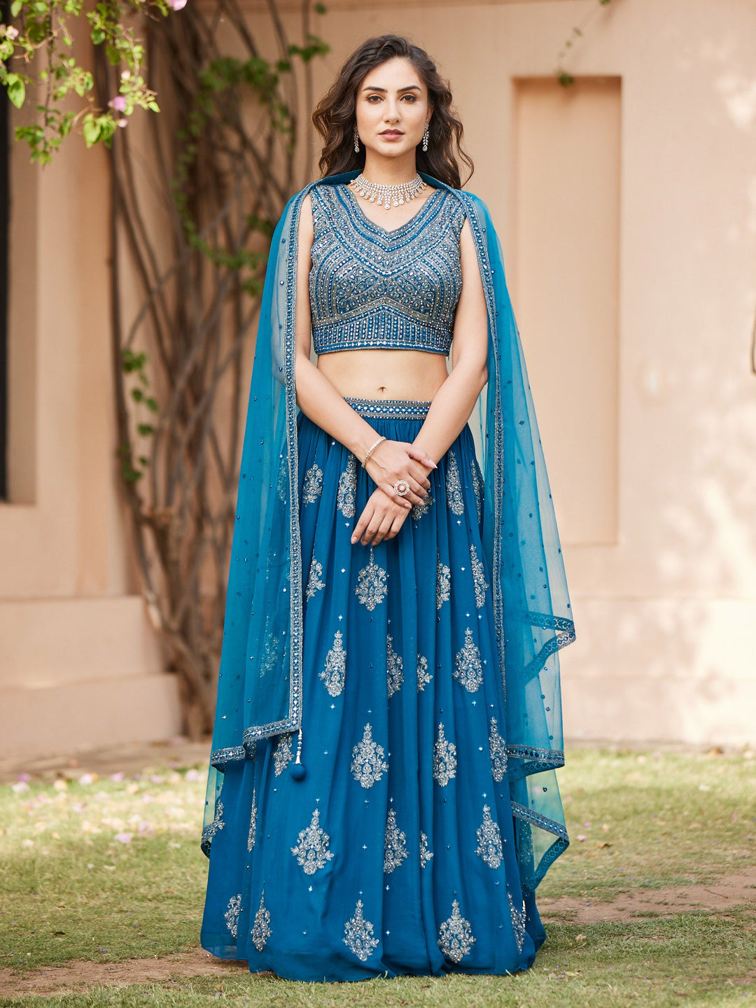 Resham Mirror Georgette Lehenga With Choli and Net Booti Dupatta