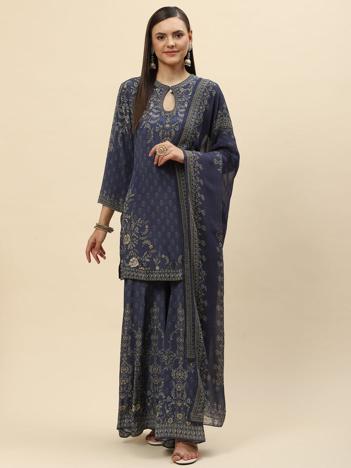 Digital Printed Crepe Kurta With Sharara &amp; Net Dupatta