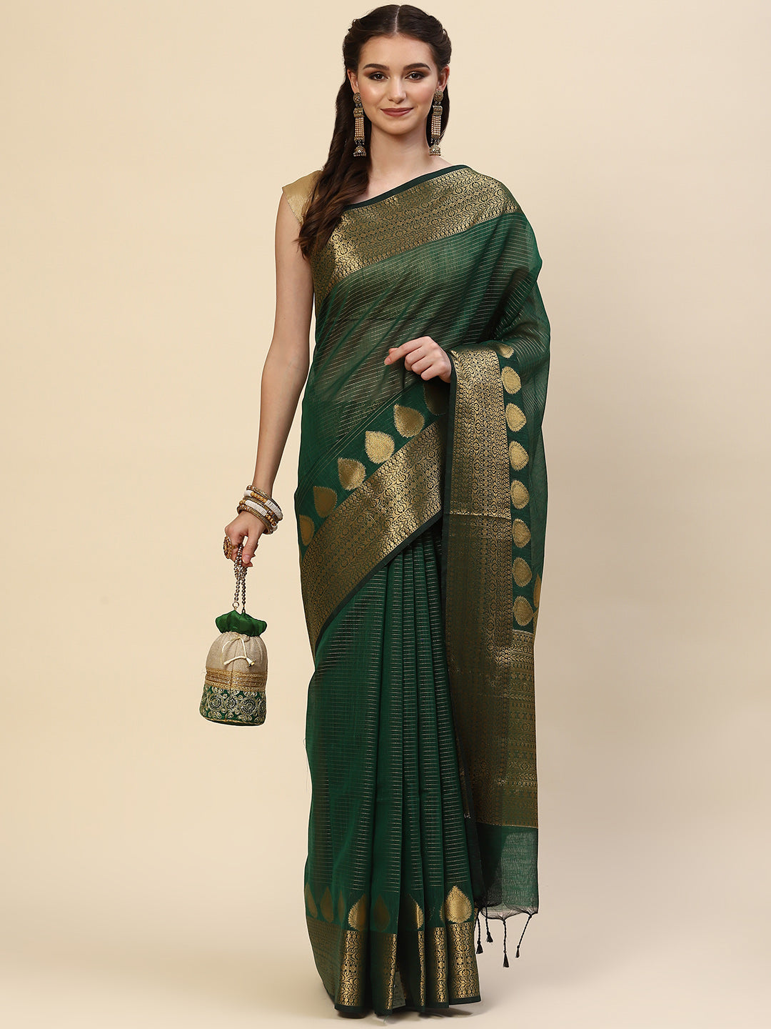 Stripes Zari Jaal Cotton Woven Saree