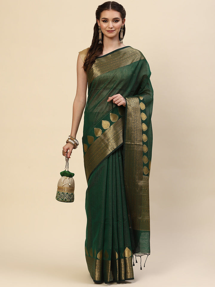 Stripes Zari Jaal Cotton Woven Saree