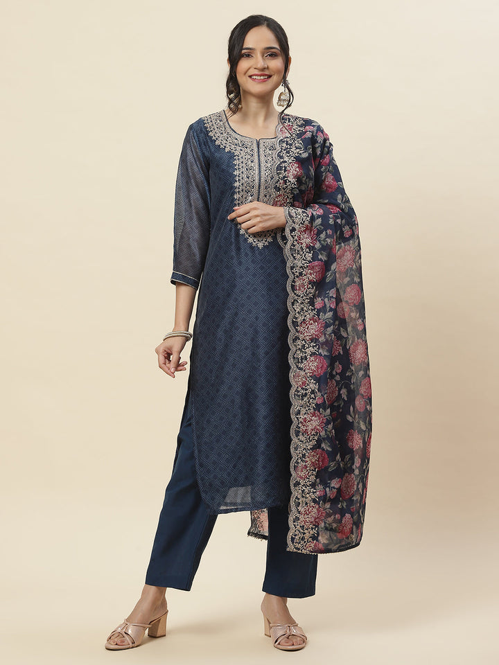 Printed &amp; Neck Embroidered Chanderi Kurta With Pants &amp; Dupatta