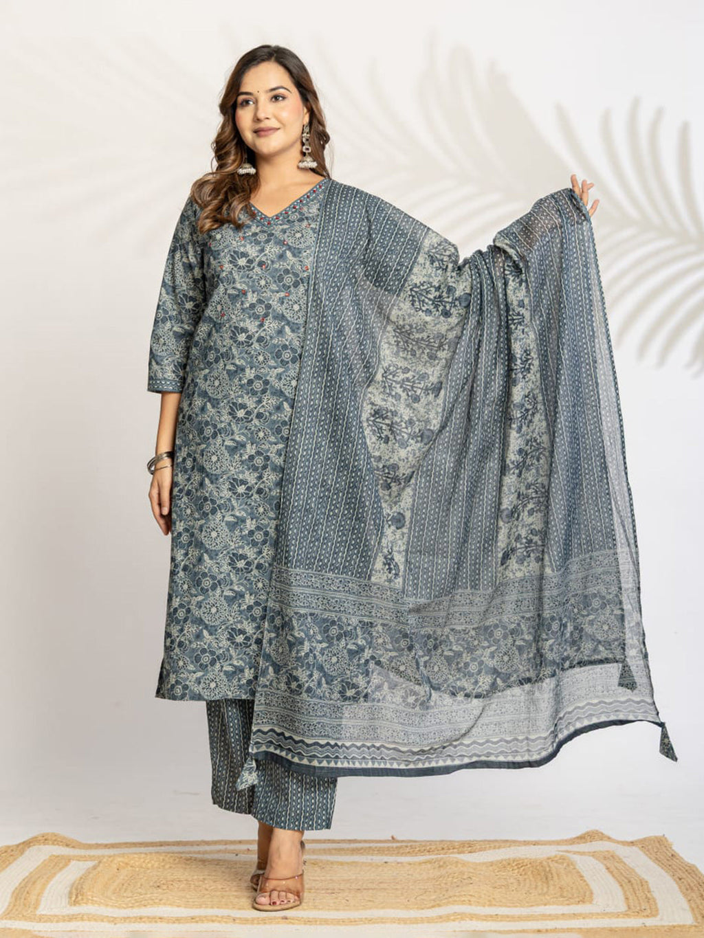 Grey Embroidered Cotton Blend Straight Suit Set With Dupatta