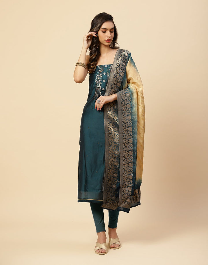 Embroidered Chanderi Suit Piece With Banarasi Dupatta