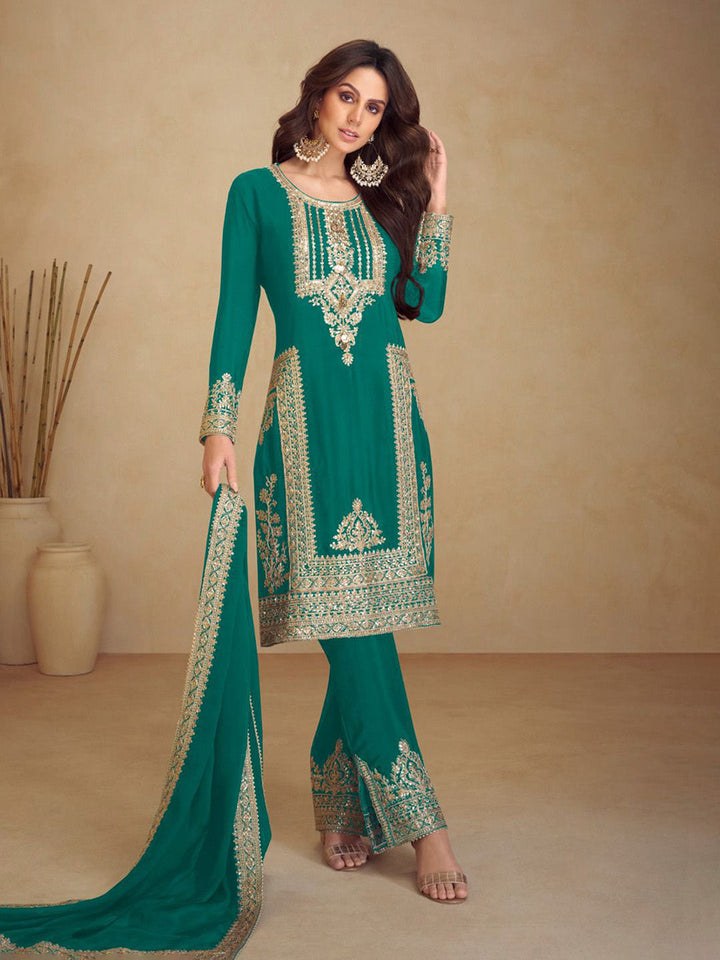Embroidered Chinon Kurta With Pant &amp; Dupatta