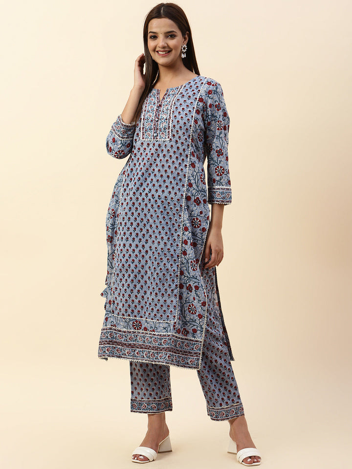 Floral Printed Cotton Kurta With Pants