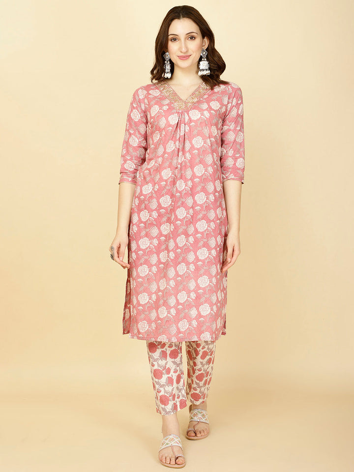 Floral Printed Cotton Kurta With Pants