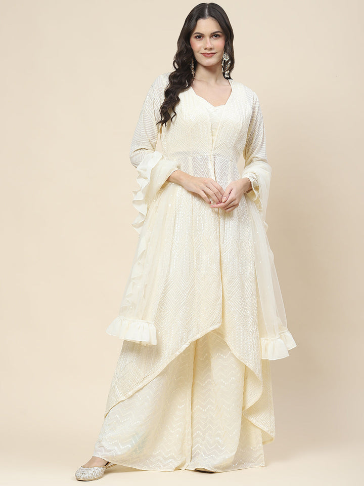 Sequin Embroidered Georgette Top Jacket With Palazzo &amp; Dupatta