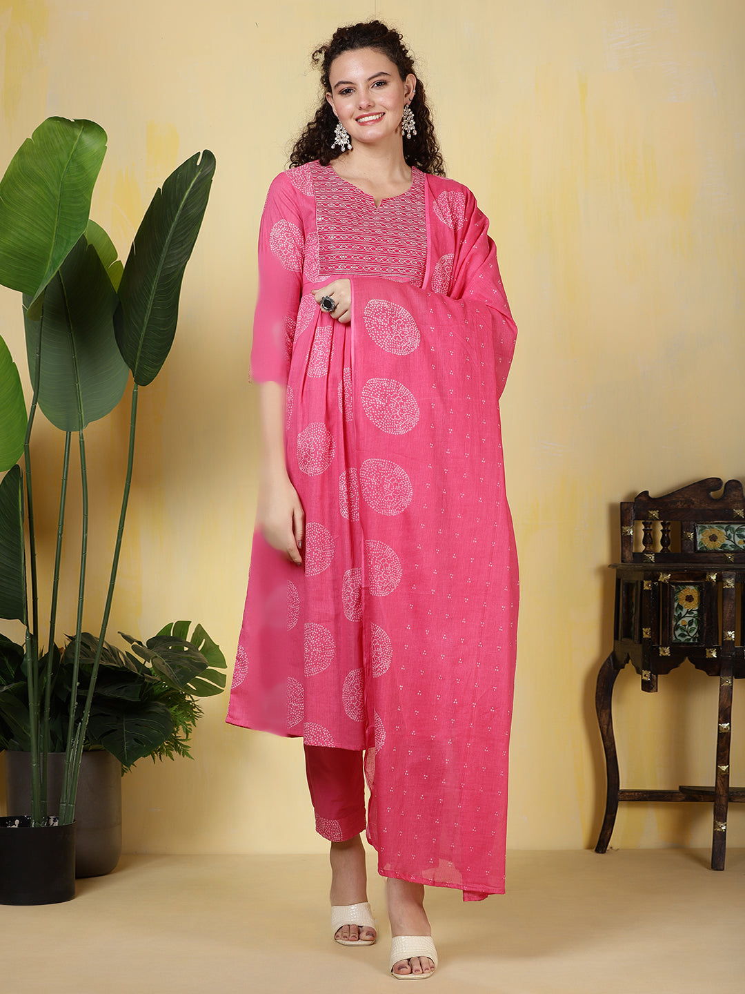 Printed Cotton Blend Kurta With Pants &amp; Dupatta