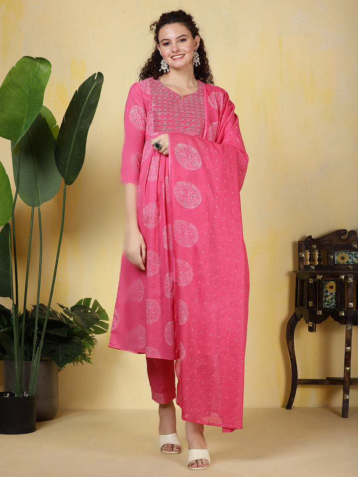 Printed Cotton Blend Kurta With Pants &amp; Dupatta