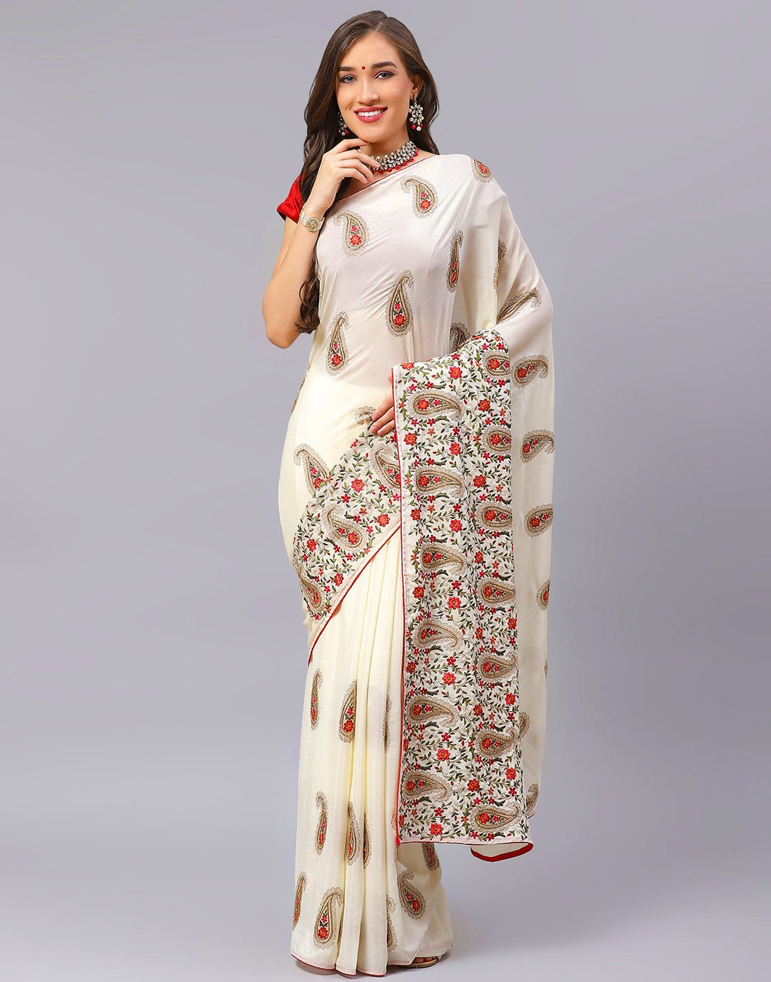 Embroidery Cream Saree