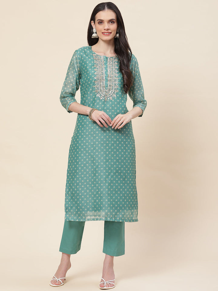 Printed &amp; Neck Embroidered Chanderi Kurta With Pants