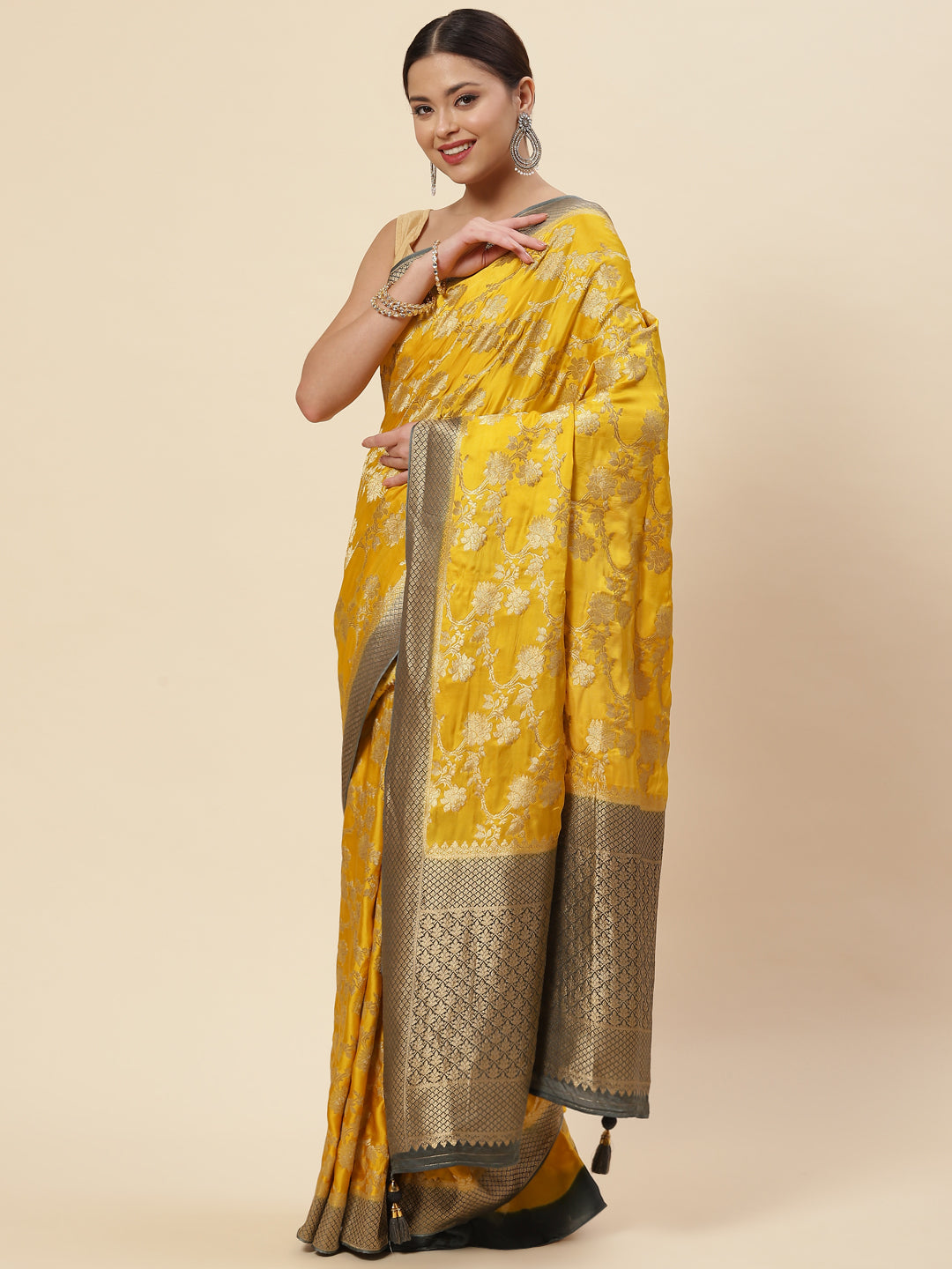 Floral Jaal Satin Plain Saree