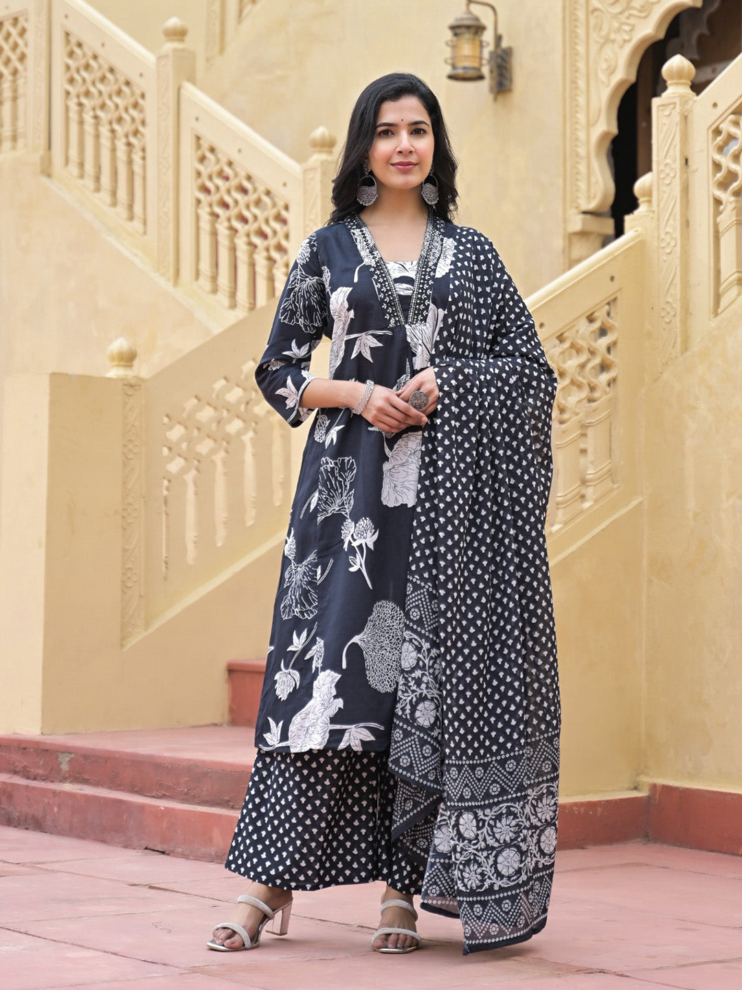 Printed Cotton Blend Kurta With Pants &amp; Dupatta