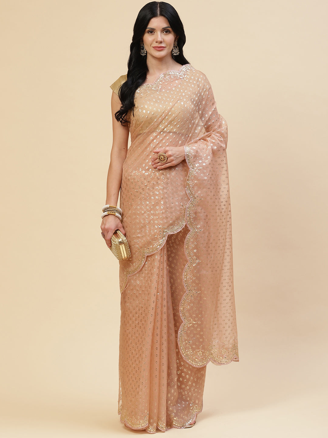 Mirror Work Embroidered Organza Saree