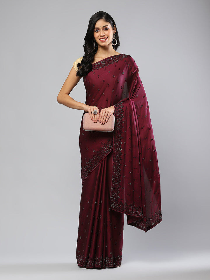 Stone Work Embellished Satin Saree