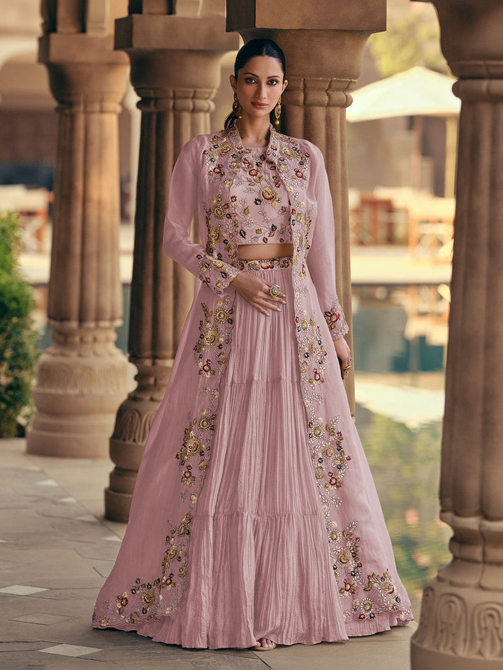 Embroidered Gerogette Choli &amp; Lehenga With Jacket