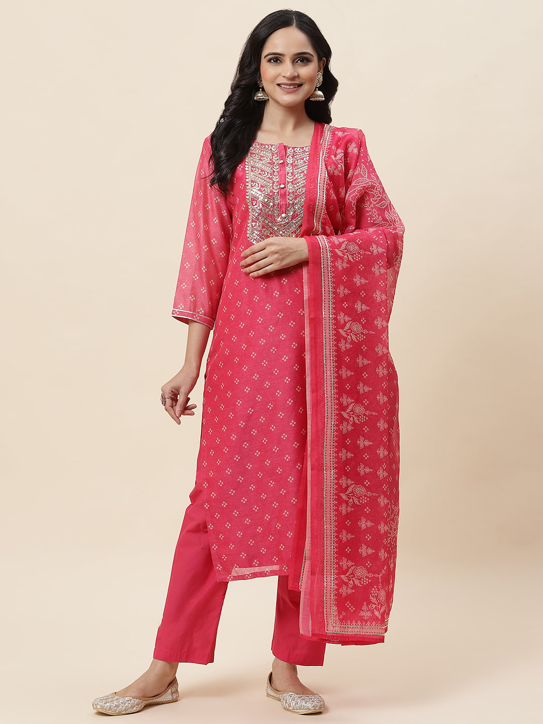 Bandhani Printed Chanderi Kurta With Pants &amp; Dupatta