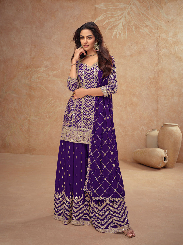 Embroidered Chinon Kurta With Plazzo &amp; Dupatta