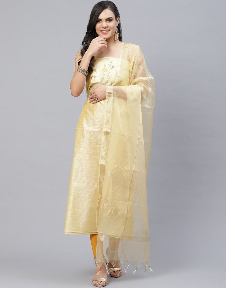 Embroidered Cotton Chanderi Suit Piece With Organza Dupatta