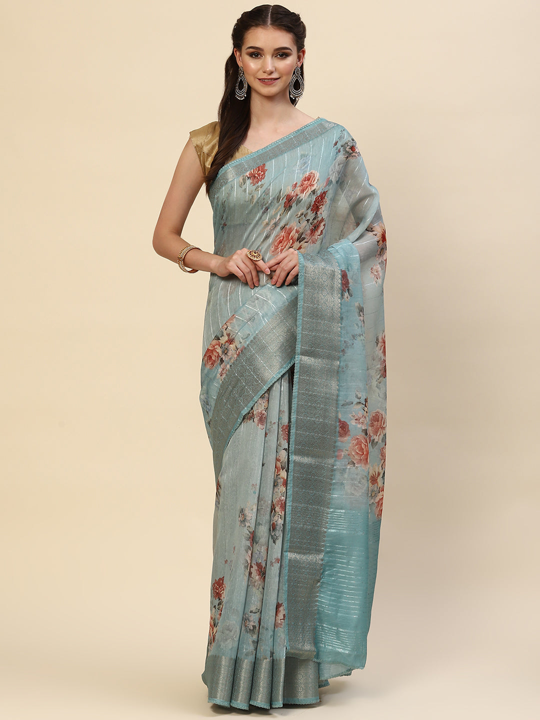 Digital Floral Printed Sequin Cotton Saree