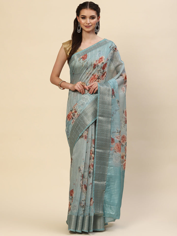Digital Floral Printed Sequin Cotton Saree